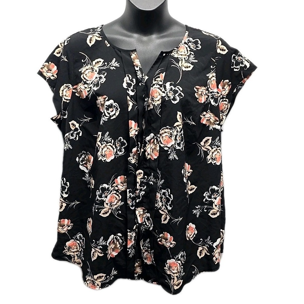 Croft Barrow Floral Blouse Black Pink Cap Sleeve Casual Top sz 2X